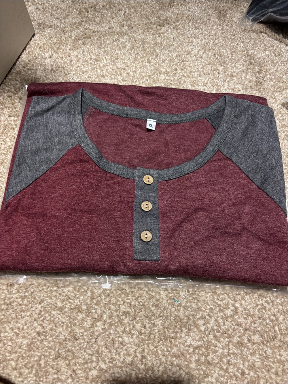 Fashion Women's Burgundy and Gray Short Sleeve Henley Tee